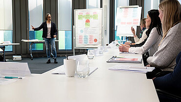 Eine Gruppe neuer Kolleg*innen nimmt am Unterricht in einem Konferenzraum teil. Eine Dozentin steht vorne.